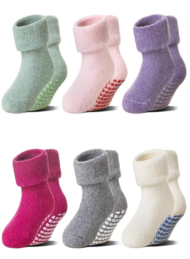 Eocom 6 Pairs Baby Boy Girl Non Slip Socks Child Toddler Winter Thick Soft Wool Kids Warm Socks with Grips(Grey/Rose Red/White/Purple/Light Green/Pink, 3-5T) - Image 1